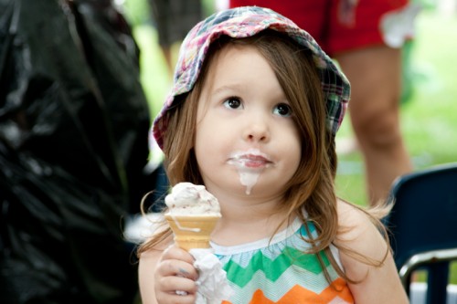 Lucy contemplates her ice cream